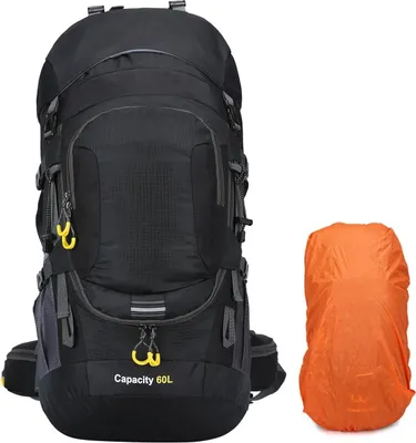 Produktbild von 60L Wasserdichter leichter Wanderrucksack mit Regenschutz, Outdoor Sport Tagesrucksack Multifunktions Reisetasche für Klettern Camping Reisen,Schwarz
