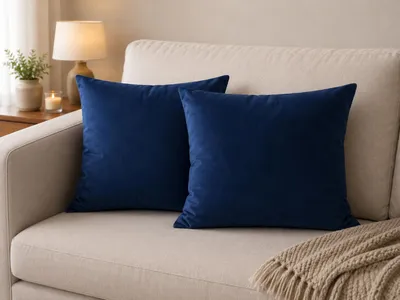 Zdjęcie produktu dla Zestaw 2 Poduszek Dekoracyjnych 45x45 cm Gotowe Jaśki z Wypełnieniem Gładki Granatowy Welur Premium Ekskluzywne Poduszki Ozdobne na Kanapę Sofę Styl Klasyczny Modern Glamour