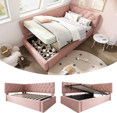 Produktbild von MODFU Schlafsofa mit Matratze 90x200cm Daybett Tagesbett mit hydraulischem Stauraum,Jugendbett mit Lattenrost aus Holz,Rosa