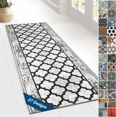 A runner rug with a geometric pattern is displayed on a white floor, with a basket of plants in the background. A collage of different rug designs is shown on the right side of the image.