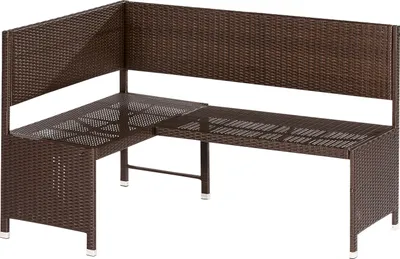 A brown wicker-style corner bench with a metal frame, shown against a white background.
