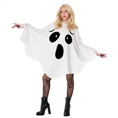 Produktbild von Gespenst Kostüm Erwachsene, Gruseliges Halloween Kostüm Weißer Geister-Poncho, Klassisches Gespenster-Design, Zum Überziehen, Perfekt für Halloween