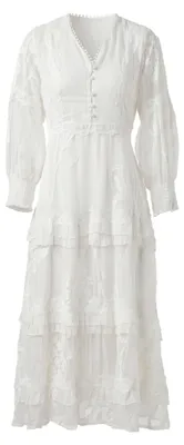 Produktbild von Damen Kleid im Boho-Chic Stil, weiß, Größe L, mit V-Ausschnitt und Bischofsärmeln