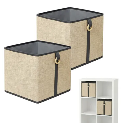 Zdjęcie produktu dla Zestaw 2 koszyków do przechowywania Relaxdays, bambus i tkanina, koszyki łazienkowe, koszyki na półkę z uchwytem, wymiary 30x30x30 cm, kolor naturalny-czarny