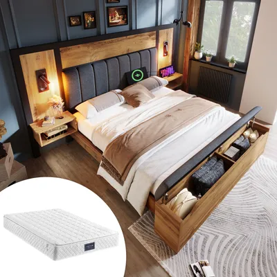 Produktbild von MODFU Doppelbett Holzbett 160×200cm mit Gepolstertes Kopfteil, Bettanlage mit Leselampe und USB C Nachttisch und Sitzbank mit Stauraum, Bettgestell mit Lattenrost, Eiche(Mit Matratze)