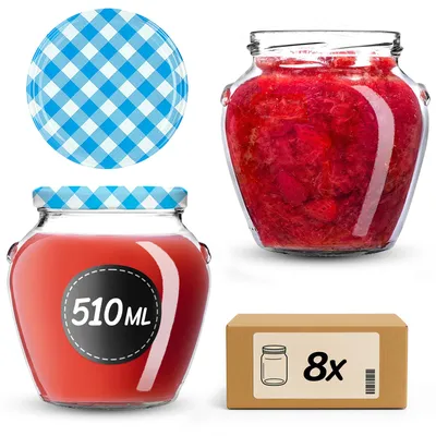 Produktbild von KADAX Einmachgläser 510 ml mit Schraubdeckel fi82mm, Schraubgläser mit Deckel, Einkochgläser, Sturzgläser zum Einkochen (Blau kariert, 8 Stück)