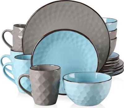 Image de Service de table gris/bleu - Carré - 16 pièces - Vaisselle pour 4 personnes
