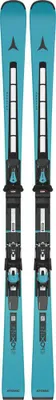 A pair of blue skis with black bindings, presented against a white background.