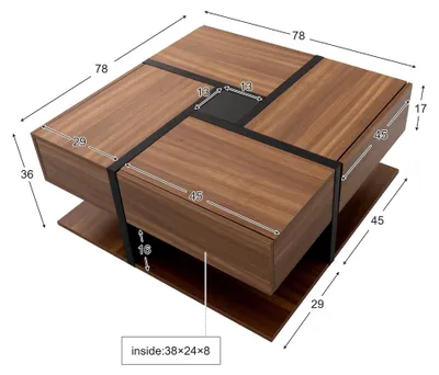 Obrázok produktu pre Obývačkový stolík – konferenčný stolík – 4 zásuvky – odkladacia plocha s úložným priestorom pod doskou – drevotrieska – 78x78x36 cm – vzhľad dreva