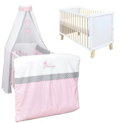 Produktbild von Babybett Kinderbett Gitterbett Lou 60x120 Weiß Natur Schutzgitter Matratze Bettwäsche Set 10tlg Princess Stars