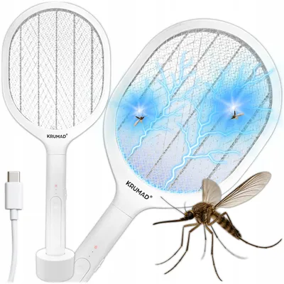 Produktbild von KRUMAD Elektrische Fliegenklatsche 2-in-1 – USB-C aufladbar, LED, 3-lagiges Schutznetz & Standfuß – Insektenvernichter gegen Mücken, Fliegen & Wespen
