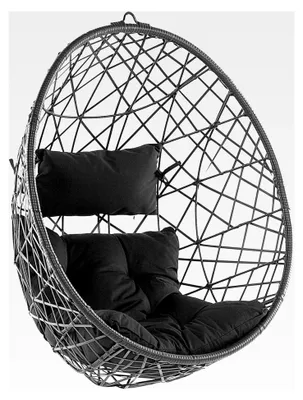 Produktbild von Hängesessel aus Rattan in Schwarz mit Sitz- und Kopfkissen im Boho-Stil