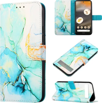 Produktbild von Google Pixel 7A Hülle, Marmor Motiv Kunstleder Tasche Wallet Kartenfächer mit Standfunktion Klapp Schutzhülle für Google Pixel 7A Türkis