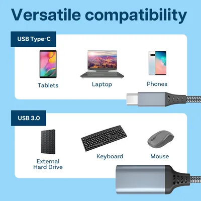 Produktbild von MMOBIEL USB-C auf USB 3.0 Adapter, OTG, 5 Gbps, Laden, Peripherieanschluss, Aluminium, Nylon, Grau, Plug-and-Play