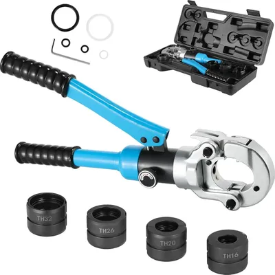 Produktbild von Hydraulische Rohrpresszange - TH-Pressbacken 16/20/26/32 mm - 16 t - 360° Drehkopf - für Kupfer, Aluminium, PEX, PB - Blau