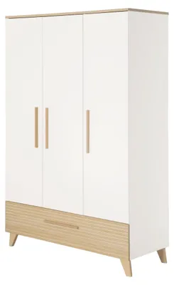 Immagine prodotto di Armadio per bambini Theo, 3 ante - Armadio con ampia cassettiera, ideale per camerette di neonati e bambini, dotato di maniglie e piedini in legno massello di alta qualità - Bianco / Decorazione effetto legno di quercia