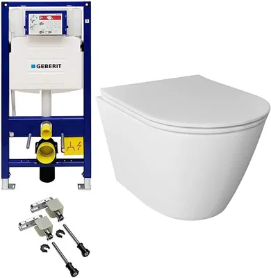 Produktbild von Alpenberger Wand WC Spülrandlos | Hänge WC Komplettset aus Kloschüssel und WC Sitz mit Absenkautomatik | Toilette mit Nano Beschichtung | Passend Geberit (Set 2)