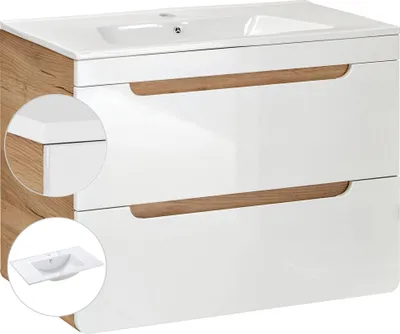 A white and wood-grain bathroom vanity with a ceramic sink.