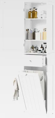 Produktbild von Badezimmerschrank 180 cm Hochschrank mit Wäschekorb & Schublade & Tür schmaler Badschrank Standregal Bodenschrank mit verstellbaren Einlegeboden Weiß