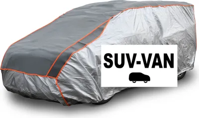 A car covered with a silver and gray car cover. There is a white rectangle with black text 'SUV-VAN' and a black silhouette of a car.