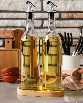 Produktbild von 2er Set Ölspender Glasflaschen mit Holzständer 750 ml – Essig Öl Spender mit Ausgießer, Küchenflaschen für Olivenöl, Speiseöl, Essig & Dressing