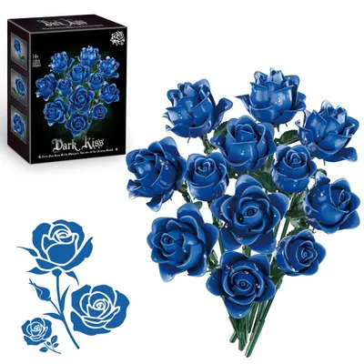 Image de Kit de construction de bouquet de roses bleues - Jeu de construction à clips - Plastique - Cadeau romantique - Décoration pour la maison et le bureau - Pour adultes - Bleu