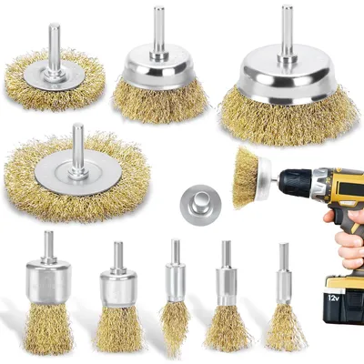 Produktbild von 9-teiliges Drahtbürsten-Set für Bohrmaschine mit Messingbeschichtung