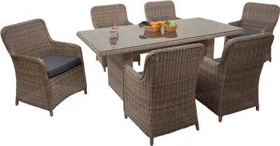 Immagine prodotto di Set in poly rattan HWC-E98, gruppo di sedute per balcone/giardino/salotto, rattan semicircolare in poly filato MVG beige cuscini grigi
