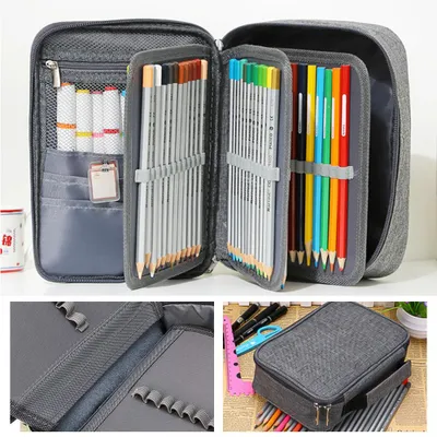 Image de porte-plume 3 compartiments 72 fentes Porte-plume Sac à crayons Gris
