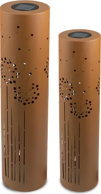 Two solar garden lights with a dandelion design.