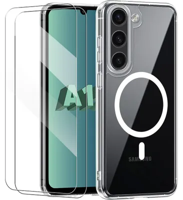 Image de Coque + 2 Verres Trempés pour Samsung Galaxy A15 4G/5G, avec Cercle Magnétique - Transparente