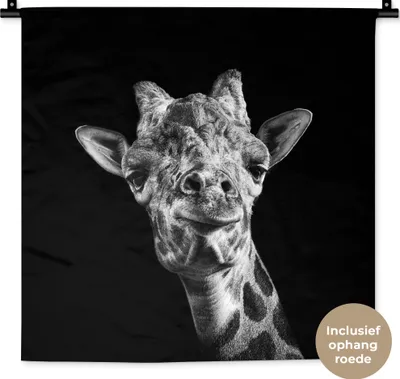 Produktbild von MuchoWow® Wandteppich Wandbehang Giraffe - Tier - Schwarz - Weiß 60x60 cm Tapisserie Dekoration Wandtuch - Dekorationen - Wand Decke