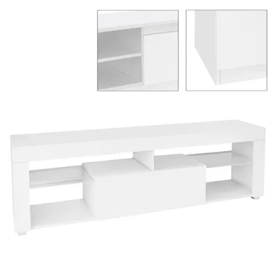 Obrázek produktu pro Dřevěná TV skříňka ML-Design, bílá, 140x51x35 cm, TV skříňka s úložným prostorem, bez úchytek, stojící TV skříňka se zásuvkou a 2 skleněnými policemi