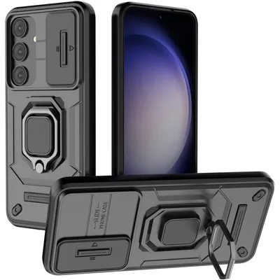 Produktbild von Hülle für Samsung Galaxy S25 Dual Layer Handyhülle Schiebe Kamera Schutz und Ringhalter Ständer Schwarz
