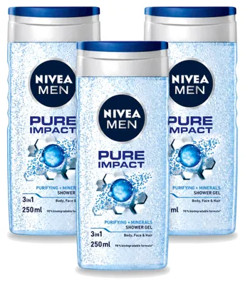 Productafbeelding van 3 x Nivea Men Douchegel Pure Impact 3-in-1 - 250 ml - Voordeelverpakking - 3 stuks