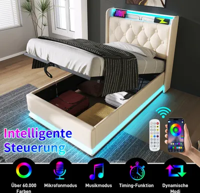 A bed with storage and LED lighting, showcasing its features.
