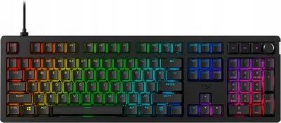 A top-down view of a black gaming keyboard with RGB backlighting.