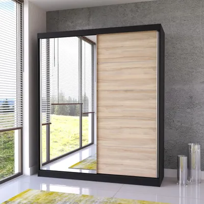 Produktbild von Schwebetürenschrank Kleiderschrank Schrank Schlafzimmer 183 cm Schwarz/Sonoma mit Spiegel Bella 03