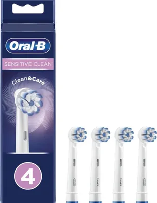 A box of Oral-B Sensitive Clean toothbrush heads with four brush heads displayed next to it.