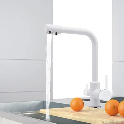 Zdjęcie produktu dla Kran kuchenny, obrotowy o 360°, trójfunkcyjny, biały. Armatura kuchenna, bateria zlewozmywakowa 3 w 1