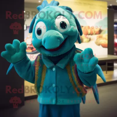 Produktbild von Blaugrüner REDBROKOLY Betta-Fisch Maskottchen Kostüm charakter bekleidet mit einem Pullover und Armbändern