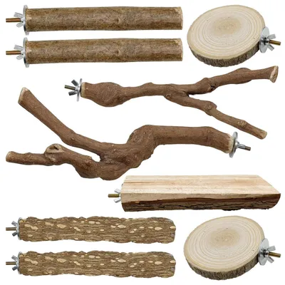 Immagine prodotto di Set di 9 posatoi in legno naturale per uccelli, giocattolo dondolo per pappagalli, accessori per gabbie per uccelli