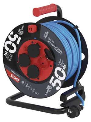 Wetterfeste Kabeltrommel 50 m / 4 Steckdosen / blau / PVC / 230 V / 1,5 mm2