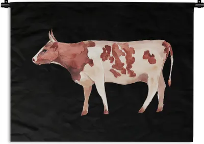 Produktbild von MuchoWow® Wandteppich Wandbehang Kuh - Illustration - Schwarz 120x90 cm Tapisserie Dekoration Wandtuch - Wohnen - Aufhänger für die Wand