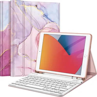 Produktbild von Fintie Tastatur Hülle für iPad 10.2 Zoll (9/8/ 7 Generation - 2021/2020/2019), Schutzhülle mit TPU Rückschale, Pencil Halter und magnetisch Abnehmbarer Tastatur mit QWERTZ Layout, Marmor