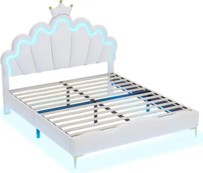 Produktbild von Abrihome Kinderbett Doppelbett - 140x200cm mit Lattenrost und LED, Polsterbett aus Kunstleder, Kronenförmigem Kopfteil, Weiß