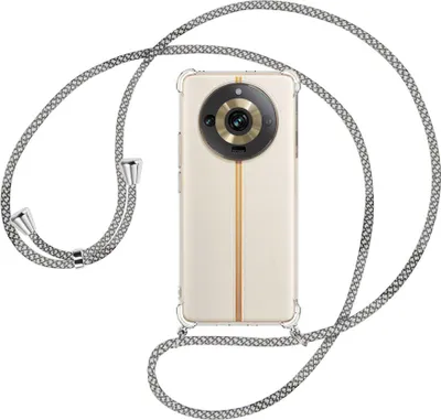 Produktbild von Handykette Backcover-Schutzhülle mit Band (Metall silberfarben) für Realme 11 Pro (6.7'') - weiß/grau kariert