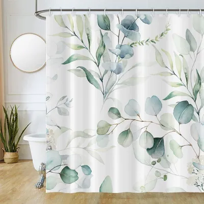 Produktbild von Grüner Duschvorhang, Eukalyptus-Duschvorhang 220 x 180 cm, blaue Blätter, weiße Blüten, Pflanzen, schimmelresistent, wasserdichtes Polyestergewebe, waschbarer Badezimmervorhang mit 12 Haken für das Badezimmer