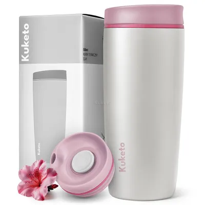 Produktbild von Kuketo | Thermobecher 580 ml Weiß/Rosa – Edelstahl Isolierbecher SUS304 für Kaffee & Tee – Auslaufsicher, 6h Heiß / 24h Kalt