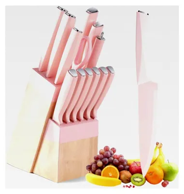 Produktbild von 14-teiliges Küchenmesserset mit Messerblock und Wetzstahl – Edelstahlmesser mit ergonomischem Griff, scharfen Klingen, ideal für Haushalt und Profis, zum Hacken, Schneiden und Würfeln (Rosa)